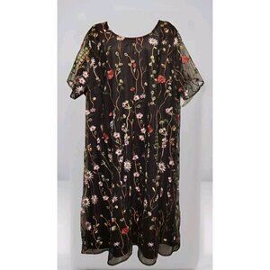 Catherines Black Floral Embroidered Short Sleeve Midi Dress Sz 22/24 Petite